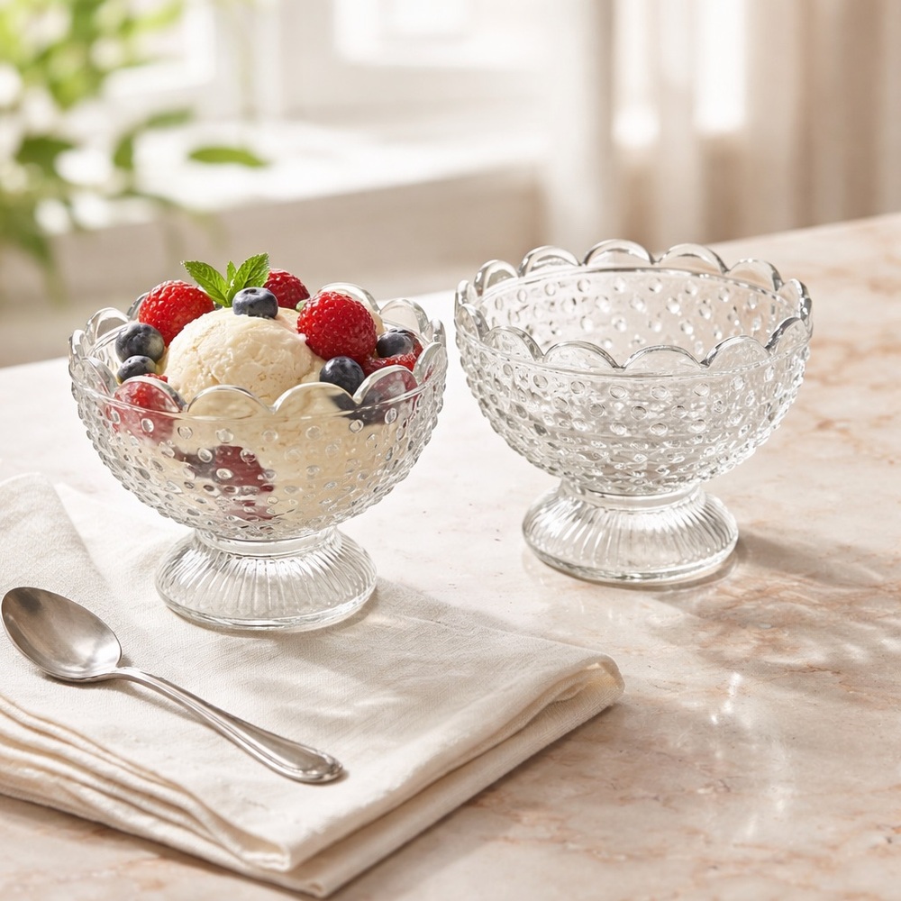 Vintage Clear Glass Hobnail Pedestal Dessert Bowls - Set of 2
